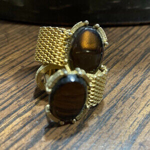 Pair Of Gold Tone Men's Oval Brown Faux Gem Cufflinks Cuff Links Jewelry